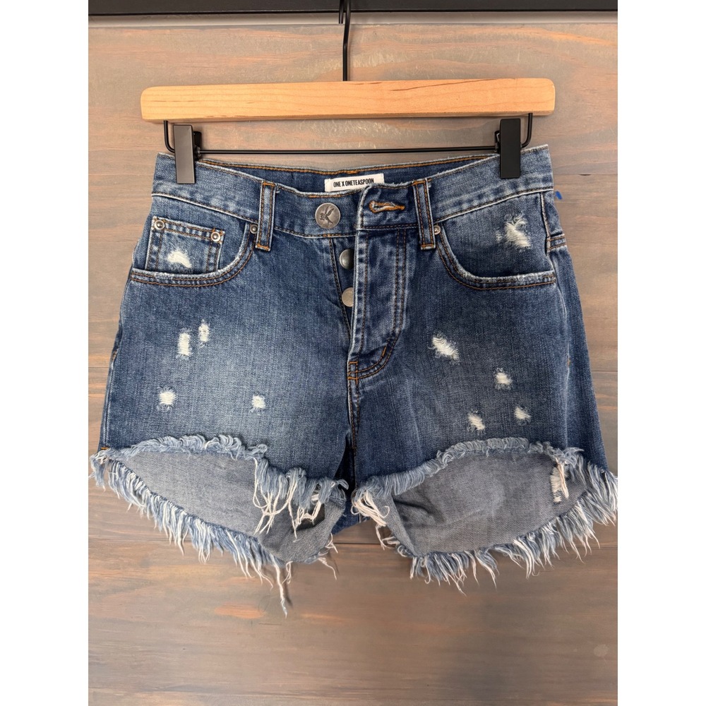 One Teaspoon Hawks Distressed Denim Shorts Blue High Rise Cut Off Size 26